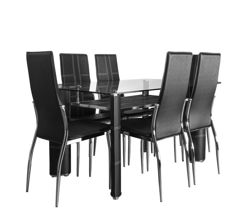 Mesa de cristal templado con 6 sillas de polipiel acolchado negro – y Stocks